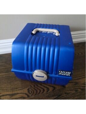 Vintage Sassaby Train Case Organizer Blue Makeup Jewelry Storage Box Case